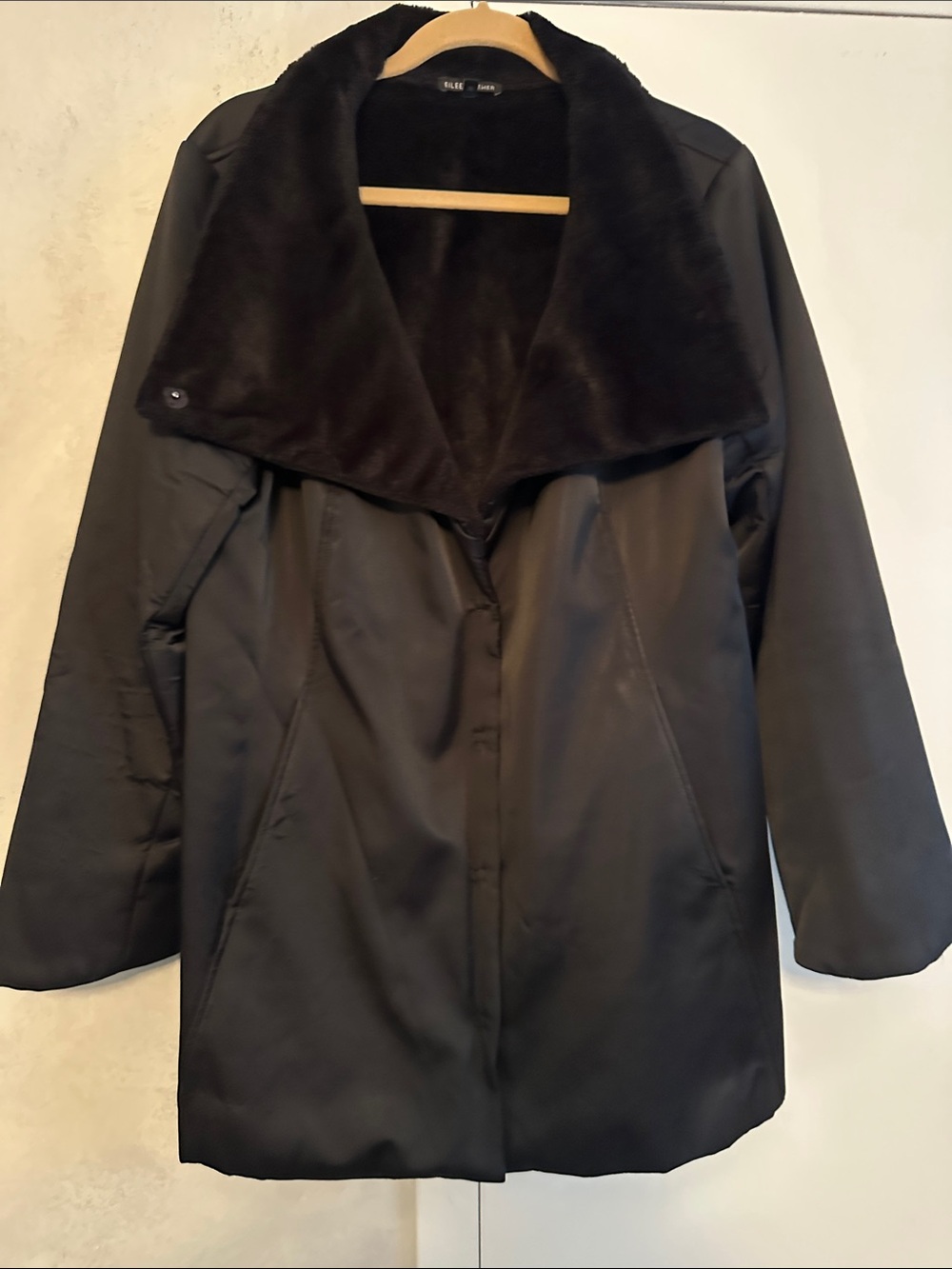 Eileen Fisher satin finish faux fur lined snap jkt